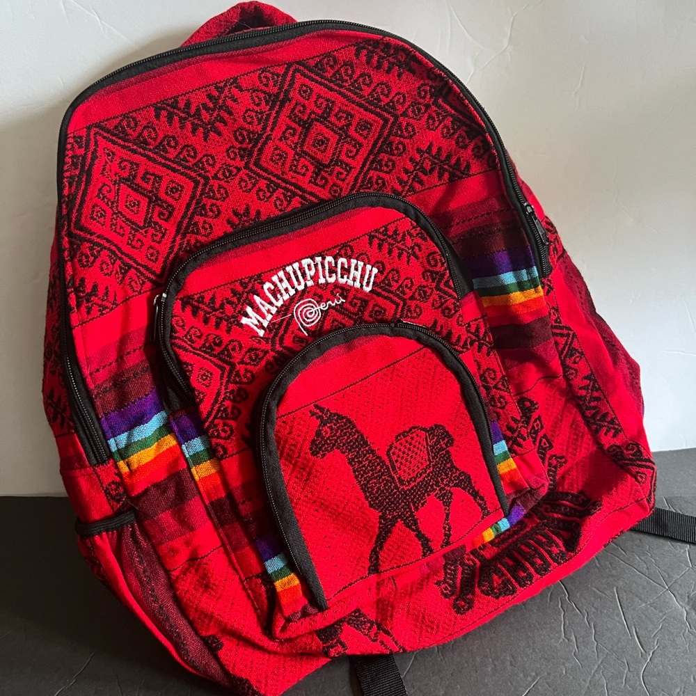 Backpack Machu Picchu Alpaca Lama Handwoven Red